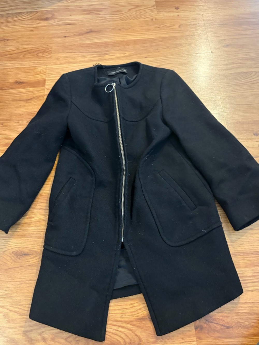 Zara Black Wool-Blend Asymmetric Zip Trench Coat
